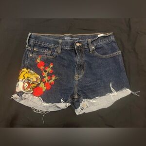 Embroidered Denim Shorts with Tiger and Floral Design